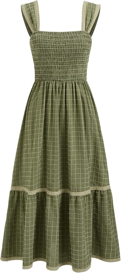 CIDER Gingham Square Neck Shirred Dresses Summer Casual Vacation Woven Maxi Dress | Amazon (US)