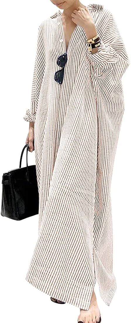 chouyatou Women's Casual Long Sleeve Button Down Loose Striped Cotton Maxi Shirt Dress | Amazon (US)