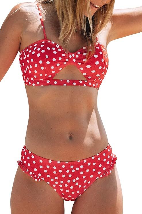 CUPSHE Women's Red Polka Dot Cutout Ruffles Back Hook Closure Bikini Sets | Amazon (US)