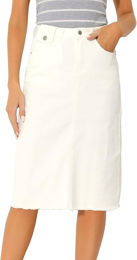 Allegra K Women's Casual Jean Skirt High Waist Back Slit Stretch Denim Skirts | Amazon (US)