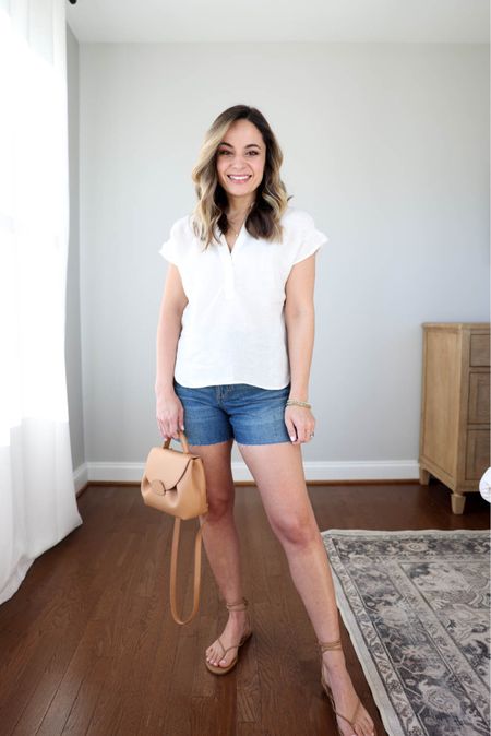 Neutral spring outfits 

Anthropologie top: xxs 
J.crew shorts: 24 
Tkees sandals: size up if in between sizes 

Bag is polene un nano 

My measurements for reference: 4’10” 105lbs bust, waist, hips 32”, 24”, 35” size 5 shoe 

#LTKstyletip #LTKSeasonal