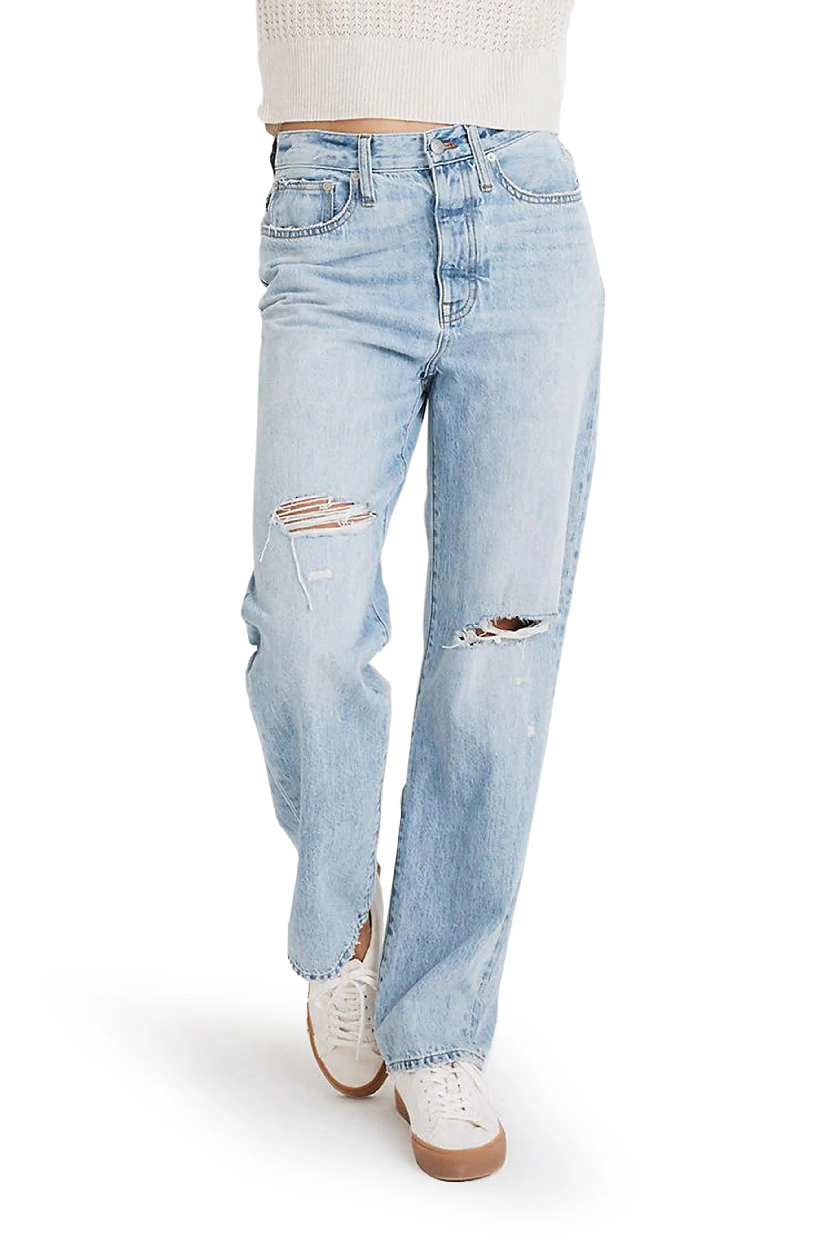 Women's Madewell Ripped Straight Leg Dad Jeans, Size 24 - Blue | Nordstrom