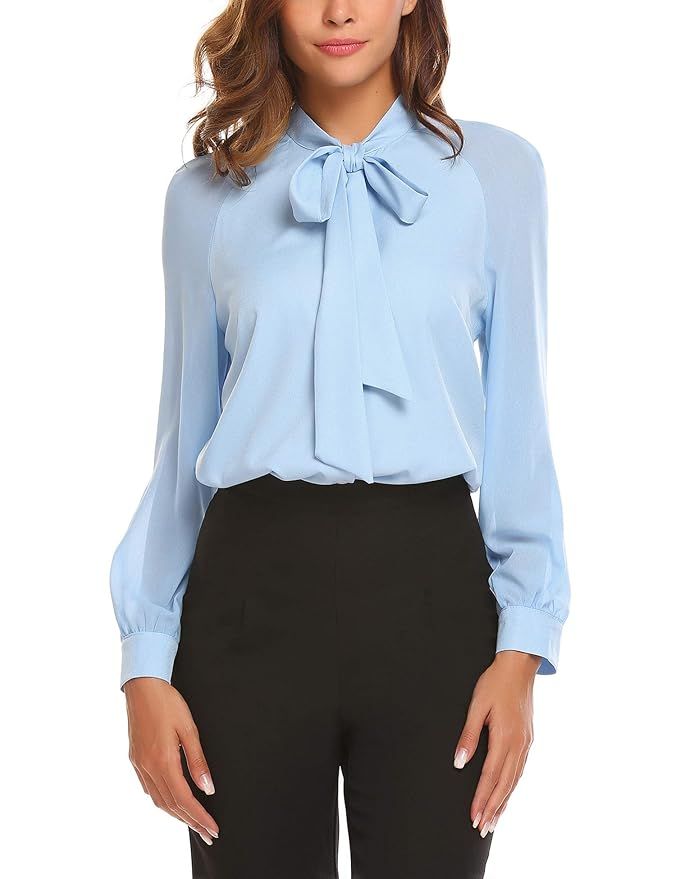 ACEVOG Women Bow Tie Neck Chiffon Blouses Sheer Long Sleeve Patchwork Casual Button Shirts | Amazon (US)