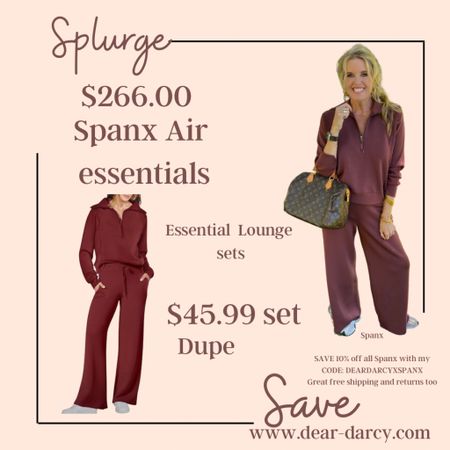 Thrifty Thursday 
Splurge or save

Spanx air essentials super buttery soft,
Washes up well and fits amazing!

Spanx

SAVE 10% off all Spanx with my CODE: DEARDARCYXSPANX
Great free shipping and returns too


Amazon set $44.95
Both come in several color options 

#LTKsalealert #LTKstyletip