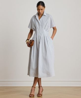 Lauren Ralph Lauren Womens Point Collar Striped Pleated Broadcloth Shirt Dress | Macy's