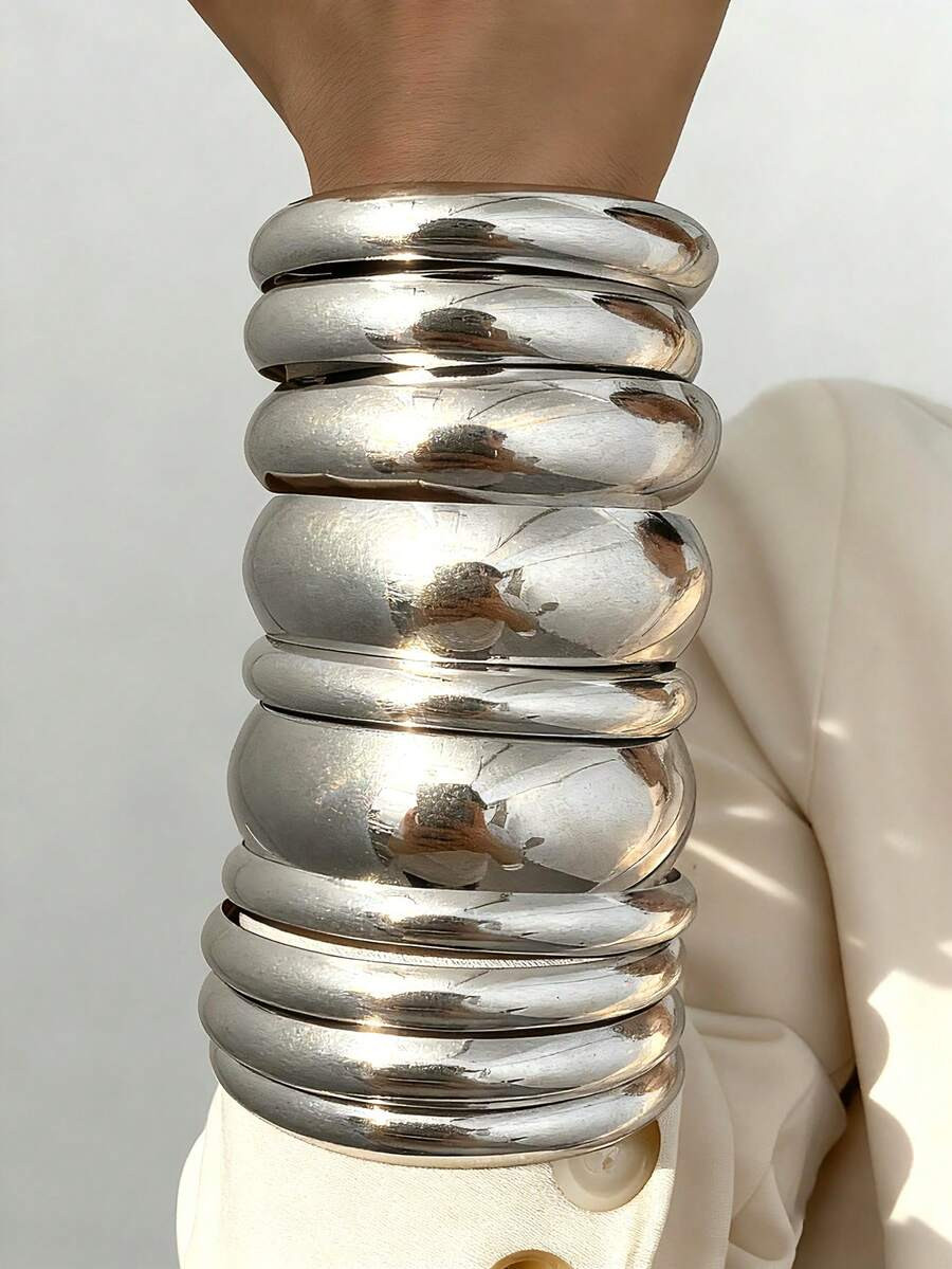 10/6pcs Vintage Exaggerated Luxurious Plain & Smooth Design Women Metal Bangle Set, Suitable For Daily Wear | SHEIN