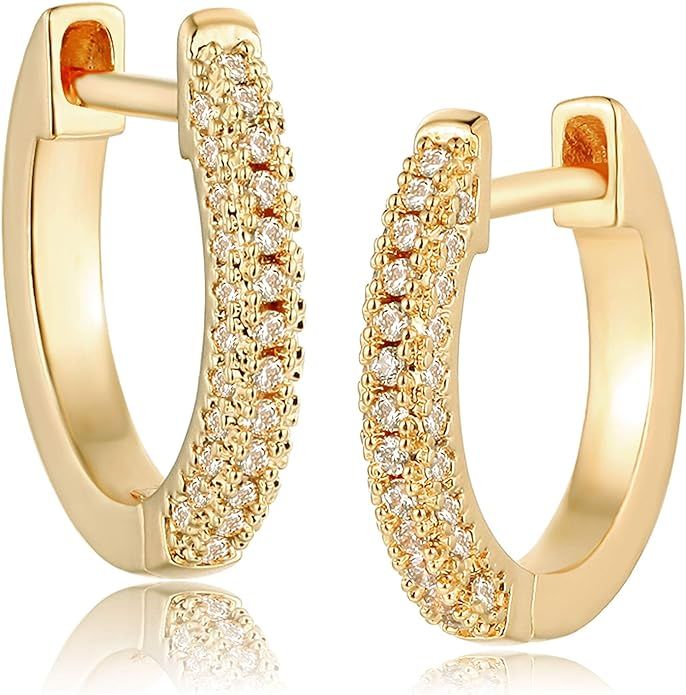 MEVECCO 14K Gold Plated Hoop Earrings With Cubic Zirconia Dainty Huggie Earrings for Women | Amazon (US)