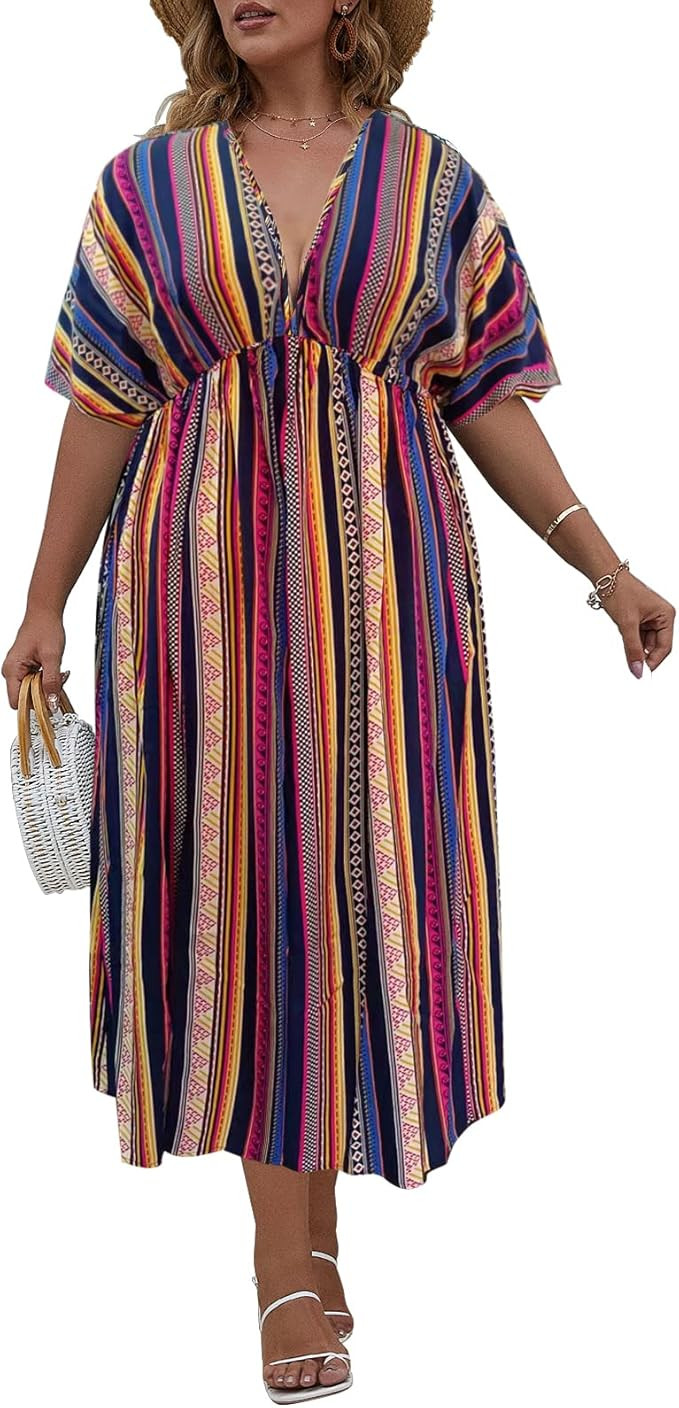 SCOMCHIC Womens Plus Size Floral Print Boho Casual Layered Swing Skater Dress | Amazon (US)