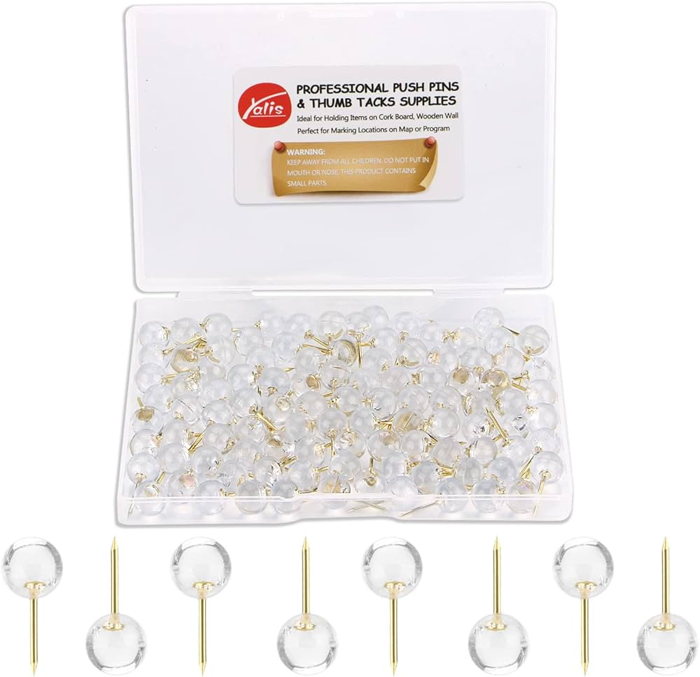 Yalis Push Pins 1/3 Inch Gold Map Tacks 100-Count Large Size Pins Golden Steel Point and Transpar... | Amazon (US)