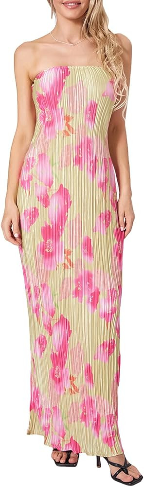 Women's Strapless Tube Long Dress Sexy Pleated Floral Print Plisse Bandeau Cowl Back Maxi Bodycon... | Amazon (US)