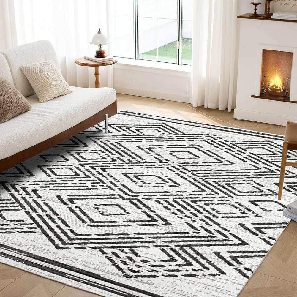 Boho Area Rug, Non Shedding 5x7 Washable Rug with Non Slip Backing, White and Black Modern Geomet... | Amazon (US)