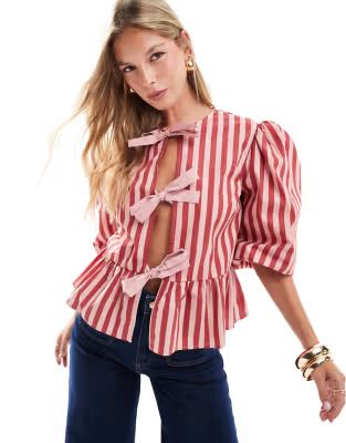 ASOS DESIGN poplin contrast tie front blouse in pink stripe | ASOS (Global)