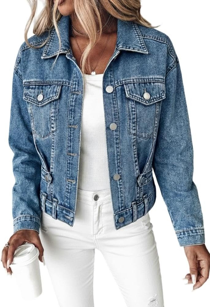 CHICME Women’s Casual Cropped Denim Jacket Button Down Long Sleeve Jean Jacket Cinched Waist Wa... | Amazon (US)