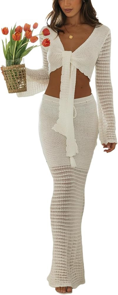 NUFIWI Women Crochet Knit 2 Piece Summer Outfits Set Hollow Out Long Sleeve Shirt Tops Bodycon Ma... | Amazon (US)