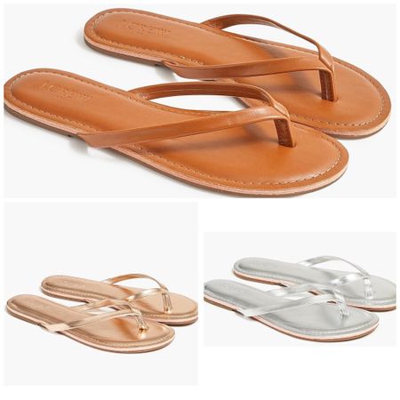 The best throw on flops ever! All on sale! Grab them all!! Extra 20% off makes them $16! Wear with everything! Tan, silver, and gold! 

#sandal #leatherflop #jcrewfactory 

#LTKStyleTip #LTKSaleAlert #LTKShoeCrush