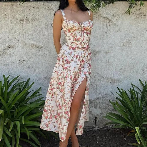 leslischl - Spaghetti Strap Floral Slit Midi A-Line Dress | YesStyle Global