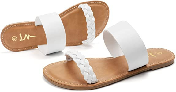 LM Women's Braided Slide Sandals Open Toe Two Strap Slip On Flat Sandals Casual Summer Shoes | Amazon (US)