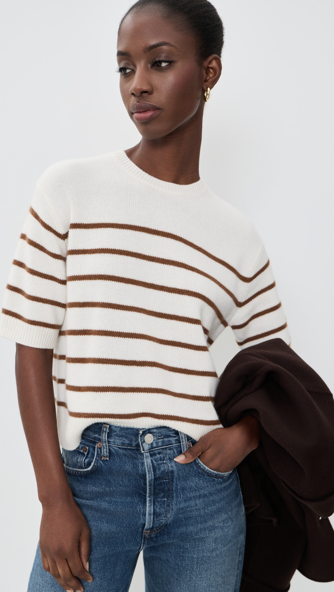Theory Crop Stripe Cashmere Knit Tee Ivory/Acacia Stripe M | Shopbop