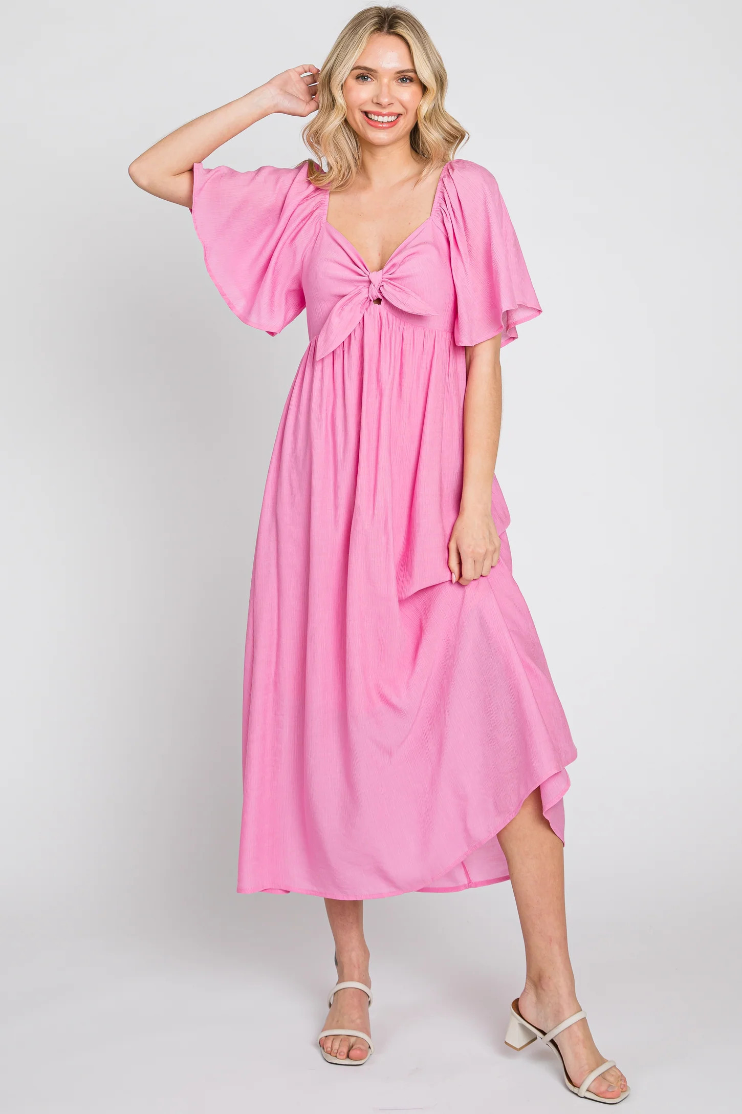 Pink Front Tie Ruffle Sleeve Midi Dress | PinkBlush Maternity