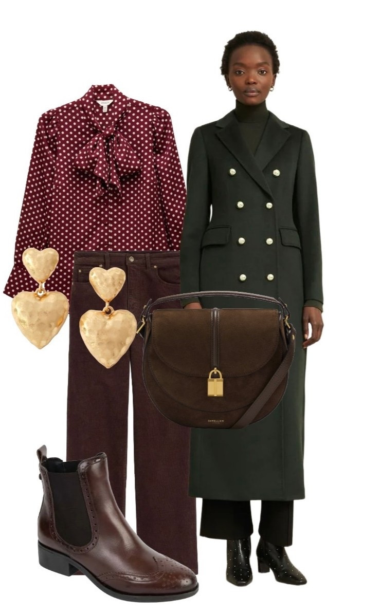 Weekend Chic partnering the Khaki Green Wool Maxi Coat by Hobbs London (Hobbs aren’t on LTK so I’ve added a similar coat from LK Bennett London, 15% discount code REBECCALIPKINAUTHOR15)

Style with the sensational De Mellier Siena Brown Crossbody Saddle Bag, Burgundy Spot Pussy Bow Blouse by Joules at John Lewis, 5 Pocket Brown Corduroy Trousers from Boden, classic Brown Chelsea Brogue Ankle Boots from House of Bruar and Gold Statement Heart Drop Earrings from Mint Velvet for a Princess country meets city look for autumn through into winter 🤎🌲 🍇✨ 🍂 

#LTKwinter #Coatseason #boots #AW25 

#LTKautumn #LTKuk #LTKeurope