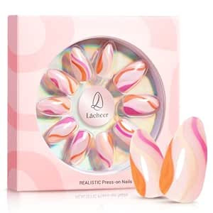 Almond Press on Nails Medium,LACHEER Pink Short Fake Nails with Design, Rainbow Swirl French Tip ... | Amazon (US)