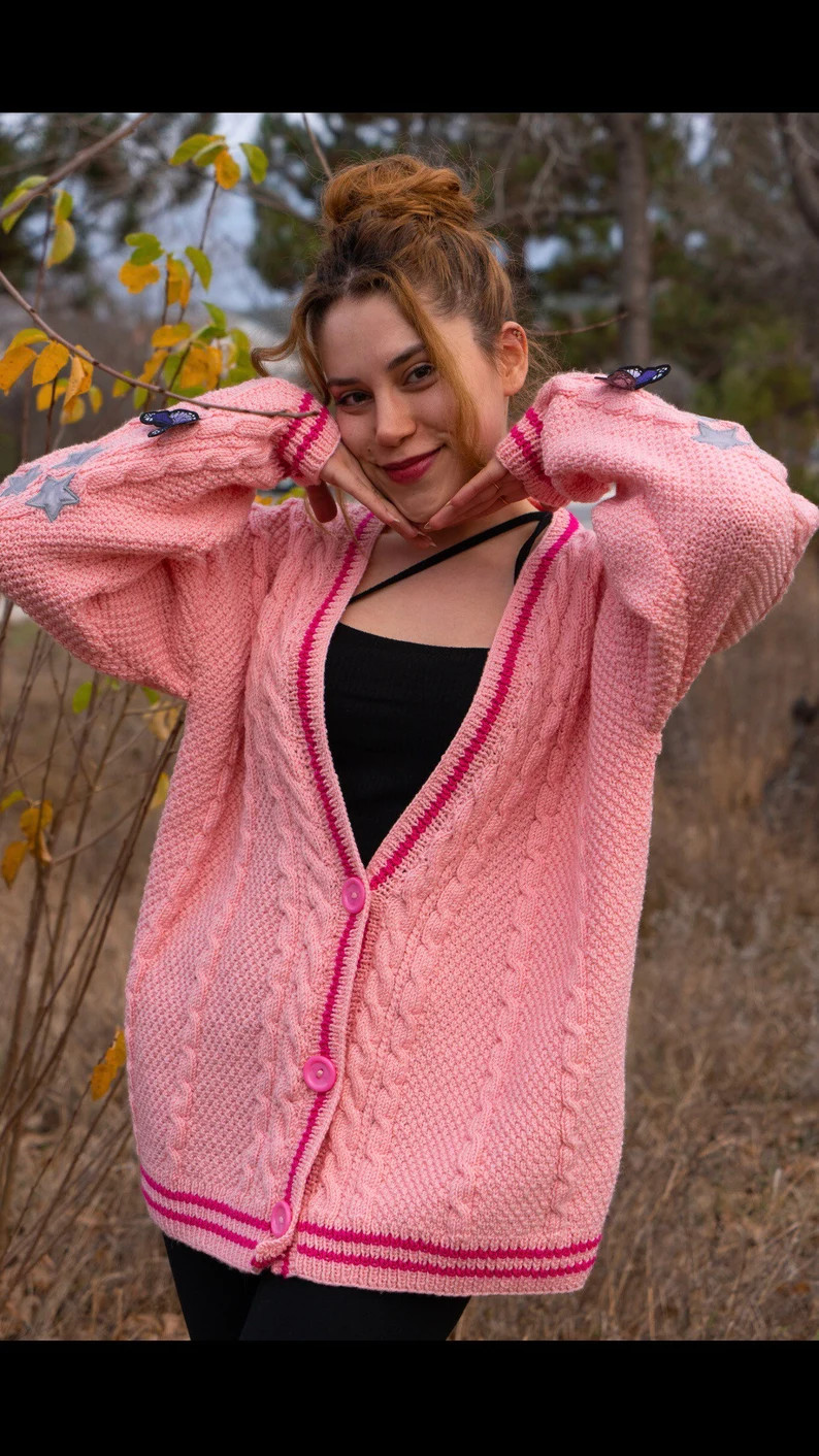 Star Cardigan Sweater | Pink Lover Folklore Handmade knit Jacket | Woman Sweater Oversize Unique ... | Etsy (US)