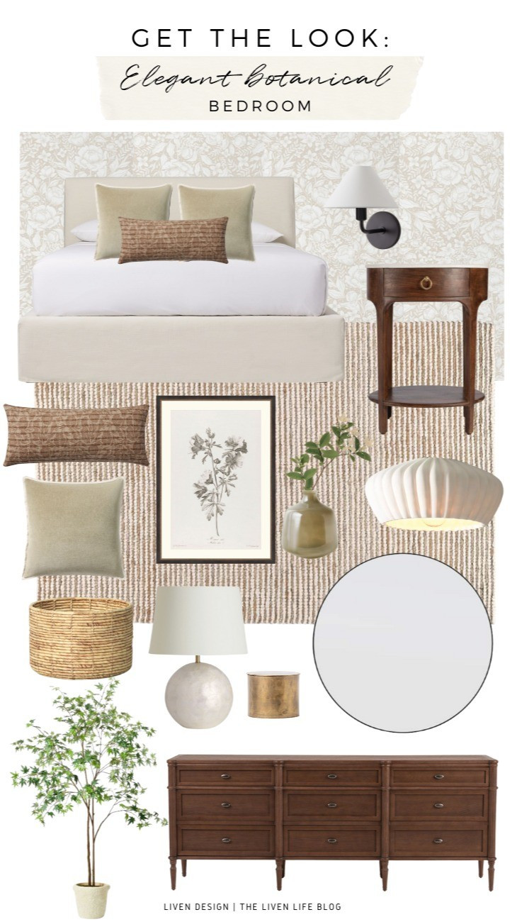 Elegant botanical bathroom. Home decor. Botanical wallpaper. Upholstered bed. Floral drawing. Walnut wood nightstand. Textured neutral rug. Dresser. Lumbar pillow. Wall sconce 

#LTKHome #LTKSaleAlert #LTKSeasonal
