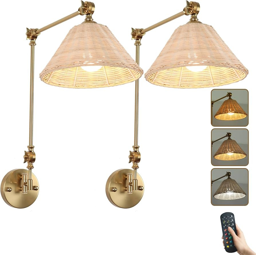 Bamboo Battery Operated Wall Sconce Set of 2, Rattan Swing Arm Wall Lamp, Gold Vintage Bedside Li... | Amazon (US)