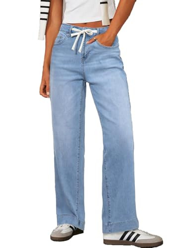 Sidefeel Women's Drawstring Straight Leg Western Outfit High Waisted Wide Leg Denim Pants Dark Bl... | Amazon (US)