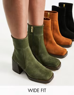 ASOS DESIGN Wide Fit Region suede mid-heel boots in khaki | ASOS | ASOS (Global)