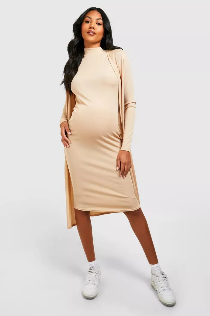 Maternity Rib Funnel Neck Midi Dress And Duster Set | Boohoo.com (US & CA)