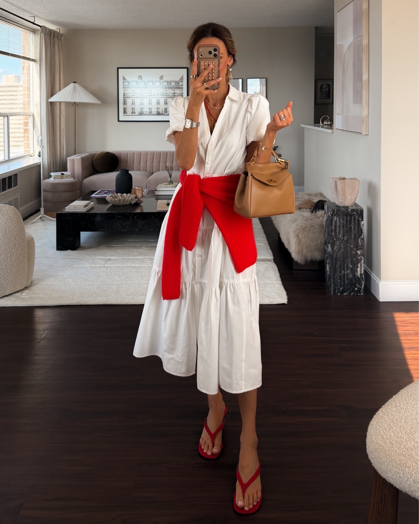 White Midi tiered dress with red cardi, beaded necklace and sandals ❤️ size xs

#LTKootd #LTKOver40 #LTKSeasonal