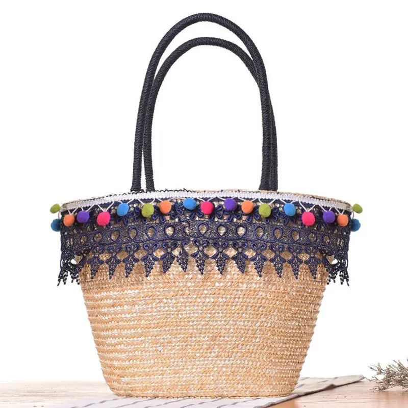 Straw Lace Pom Pom Tote Bag | Rosegal US