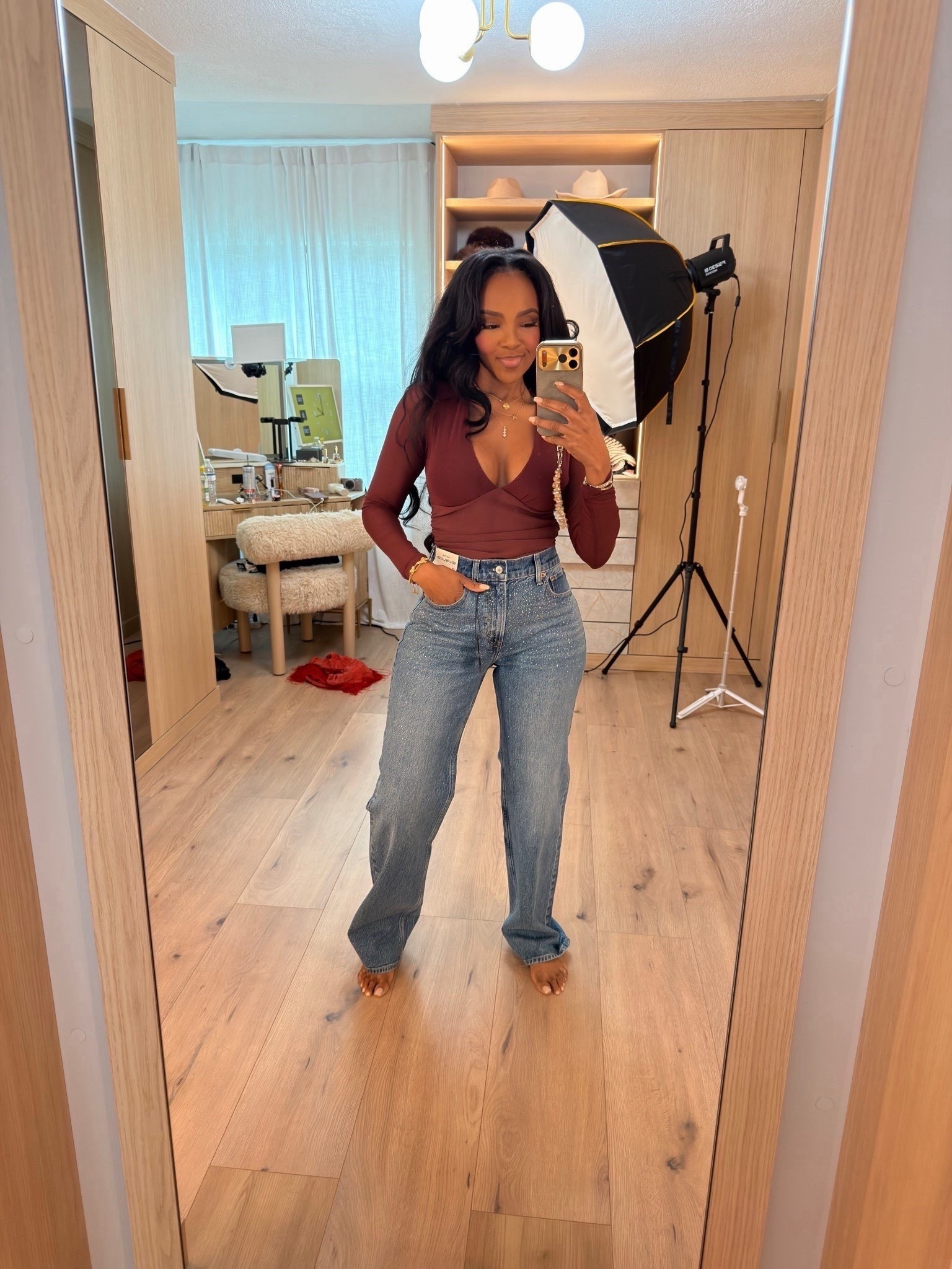 Soft sculpted textures meet elevated everyday denim — this look blends comfort with a polished, effortless vibe.

The rich tone of the @Abercrombie top pairs seamlessly with the relaxed embellished denim, creating an easy statement outfit that still feels refined.

Perfect for: brunch, casual date nights, weekend outings

📏 Sizing: Small  
Height — 5’4”  
138 lbs  
Bust — 34D  
Waist — 27”  
Hips — 40”  
Jeans: 27 Long

Shop instantly on the app.

A chic fall outfit with elevated basics, neutral styling, everyday denim, modern silhouettes, and polished casual pieces that transition effortlessly through the season.

Follow me on Instagram and YouTube @kirasfashionfinds

