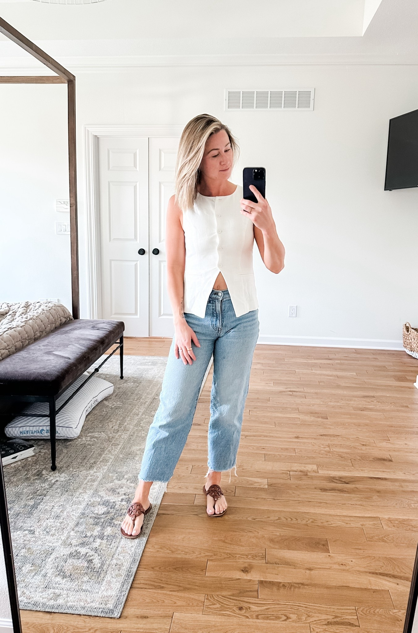 The outfit I was going to wear before a toddler had an iffy belly 🥴 love this new shirt vest! 

#LTKFindsUnder50 #LTKStyleTip #LTKSummerEdit