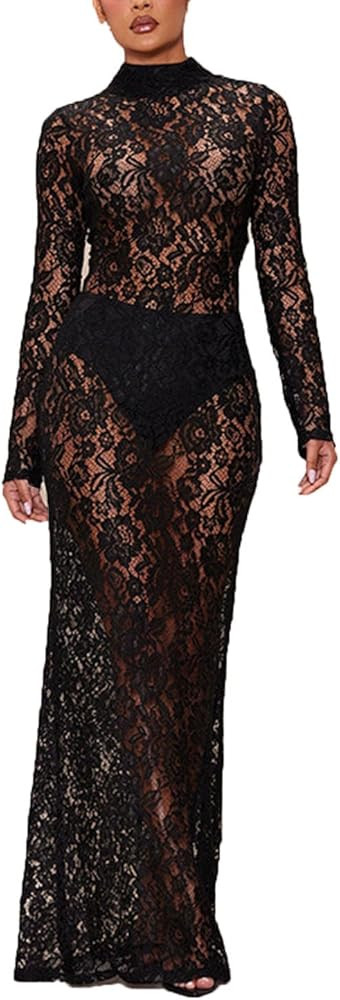 Lace Mesh See Through Long Bodycon Maxi Dress Women's High Neck Floral Lace Long Sleeve Fishtail ... | Amazon (US)