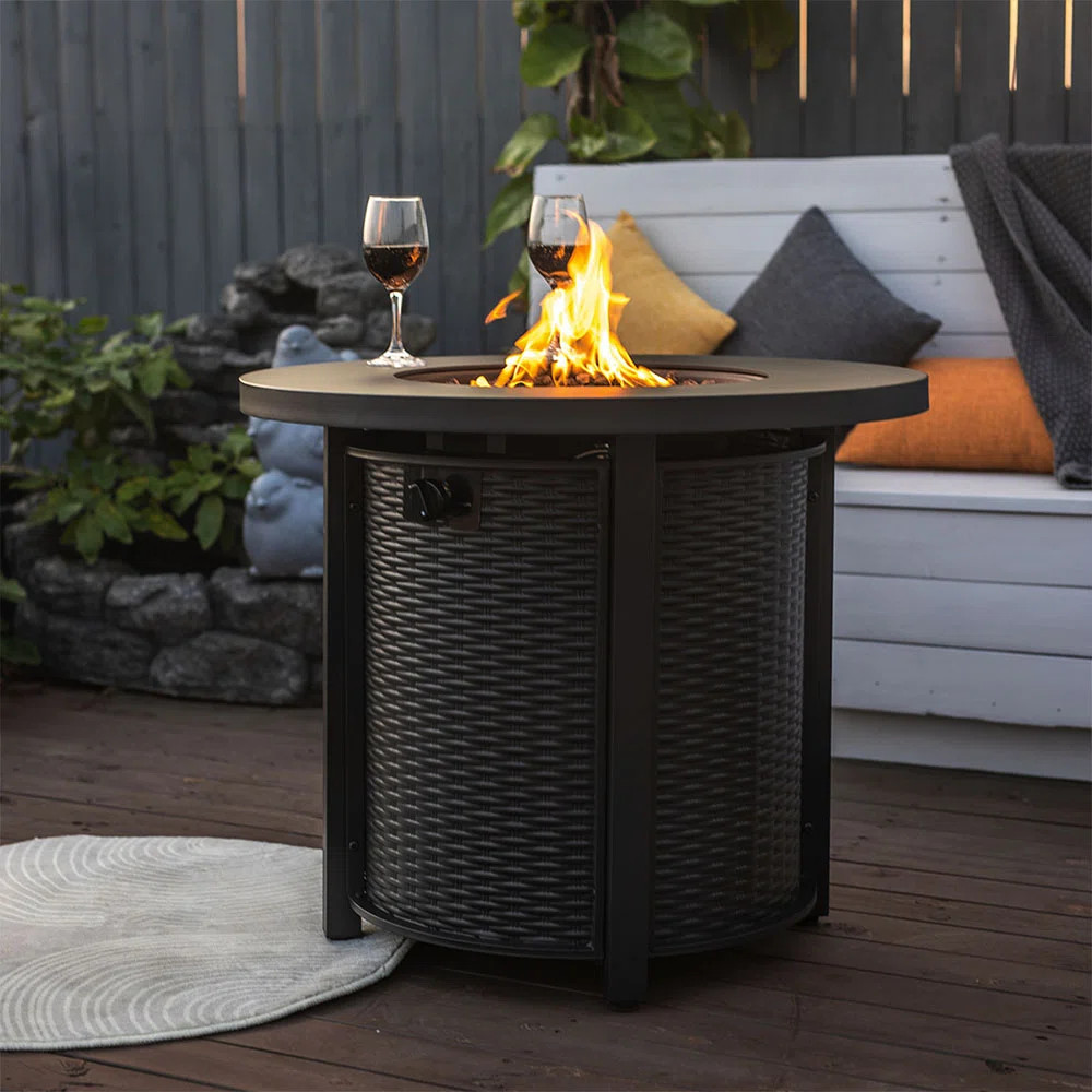 Mokena 24" H x 30" W Propane Fire Pit Outdoor Round Table with Lava Rocks and Cover Lid | Wayfair North America
