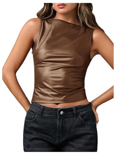 Milumia Women's Faux Leather Tank Top Shirt Ruched Fitted Going Out Tops Mocha Brown X-Small | Amazon (US)