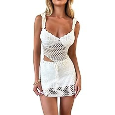 Women Y2k Crochet Knitted Two Piece Outfits Hollow Out Cami Top and High Waist Mini Skirt Beach W... | Amazon (US)