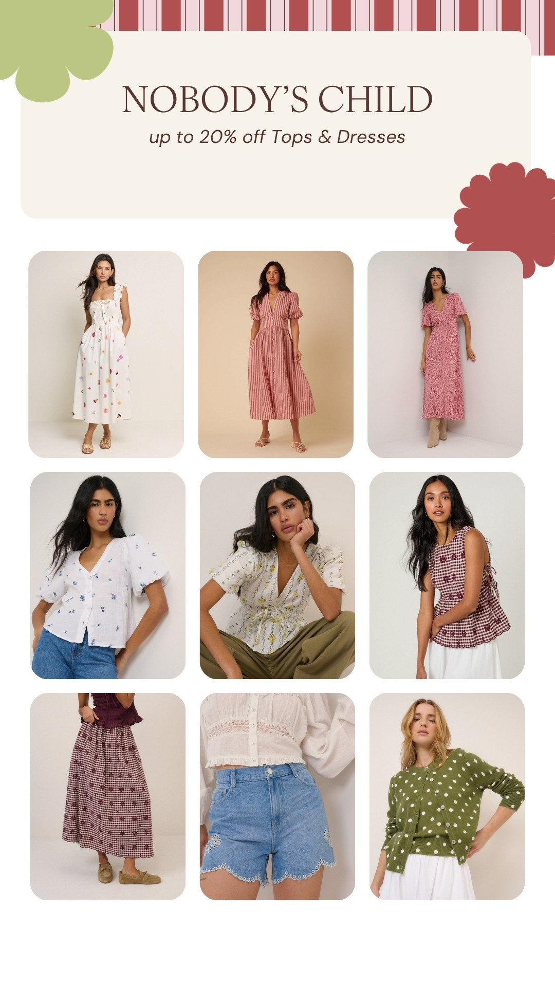 Nobody's Child currently have up to 20% off their Tops & Dresses. They have some stunning pieces for Spring and Easter, florals, summer dresses, dopamine dressing, blouses, polka dots, maxi skirts 

 #LTKspring #LTKdresses