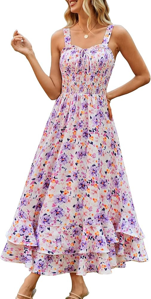 GRACE KARIN Women's 2025 Summer Floral Maxi Dresses, Spring Boho A Line Long Dress, Casual Square... | Amazon (US)