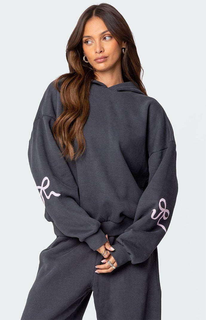 Edikted Women's Bonney Bow Detail Hoodie in Dark Gray - Size XL | PacSun