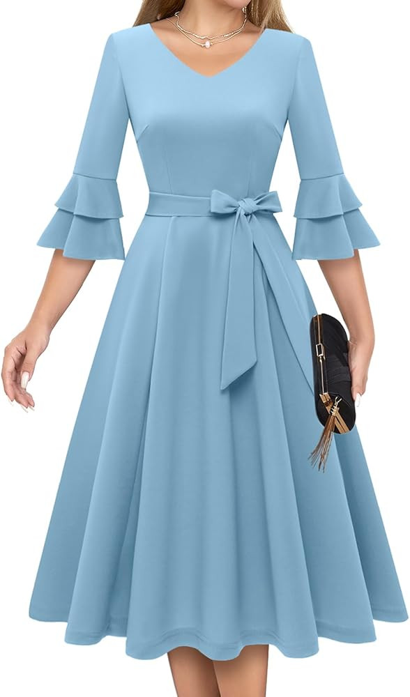 Amazon.com: DRESSTELLS Party Dress for Fall Weddings as a Guest, 3/4 Bell Sleeve Mother of The Br... | Amazon (US)