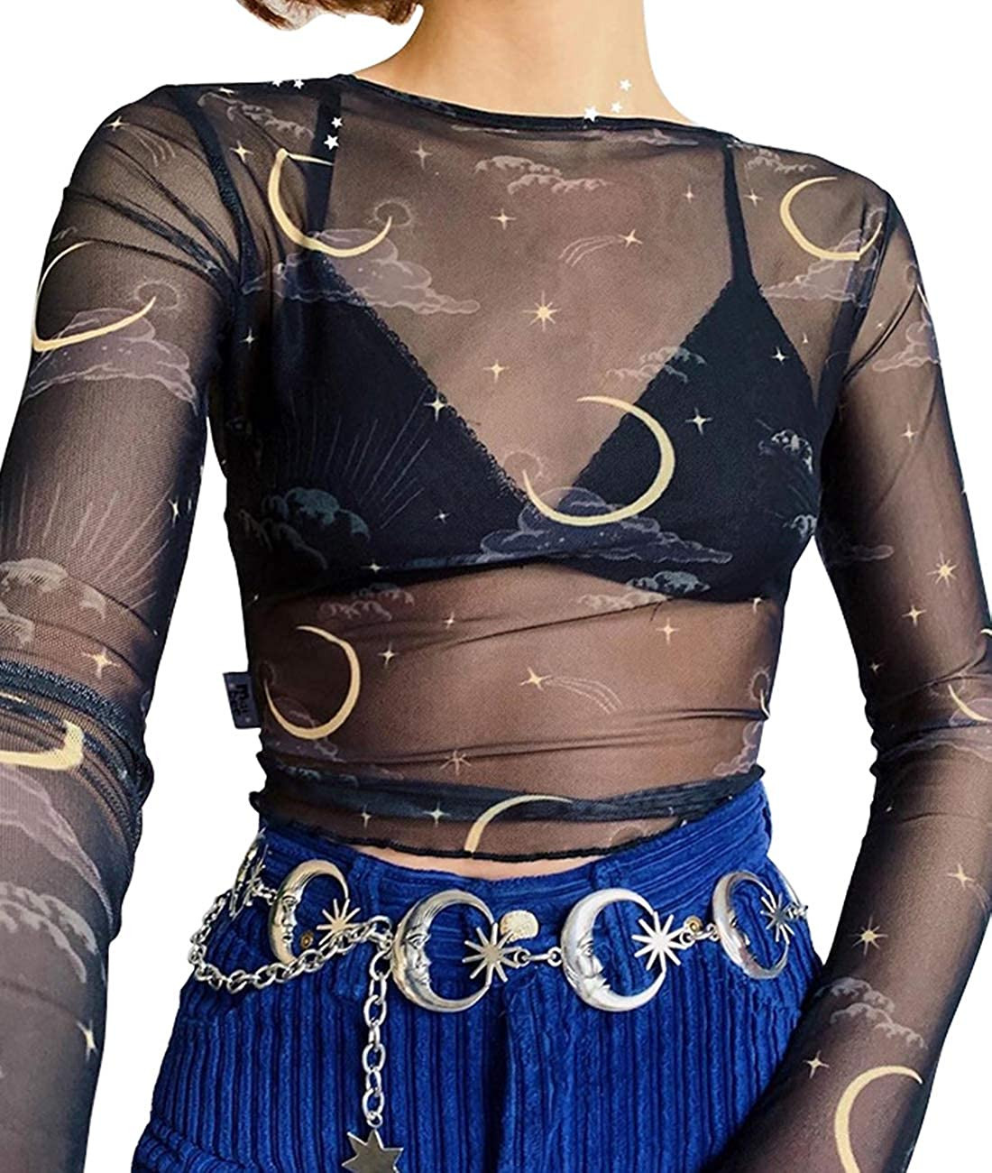 MIZOK Women's Long Sleeve See Through Shirts Angel Print Sexy Sheer Mesh Crop Tops | Amazon (US)