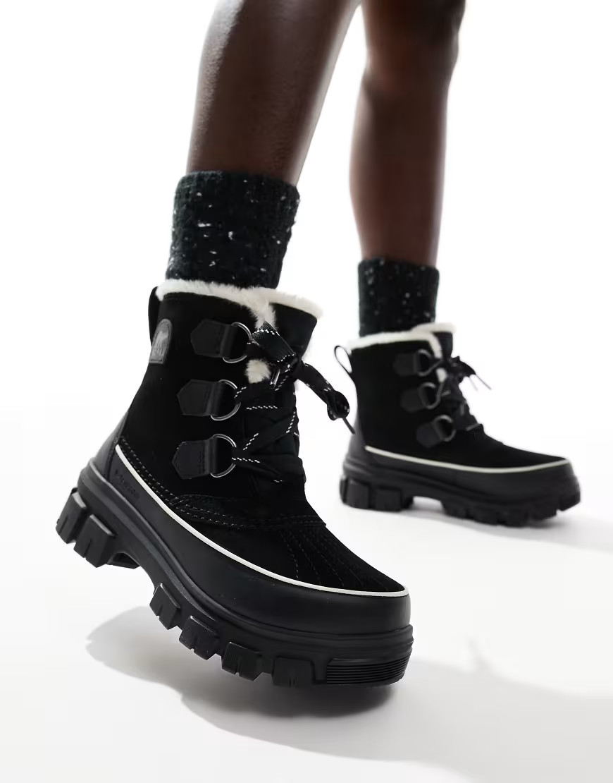 Sorel Torino V WP waterproof fleece lined faux fur leather snow boots in black and fawn | ASOS (Global)