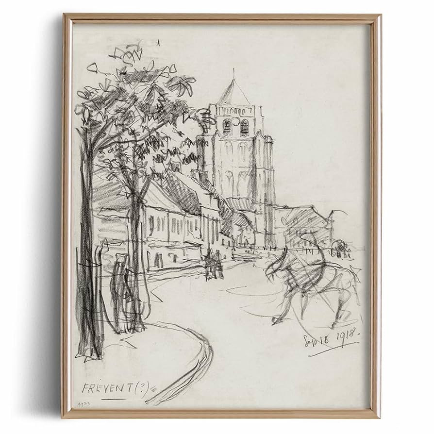 Town Drawing Etching Rustic Gray Picture - Beige Country City Building Print Poster - Vintage Far... | Amazon (US)