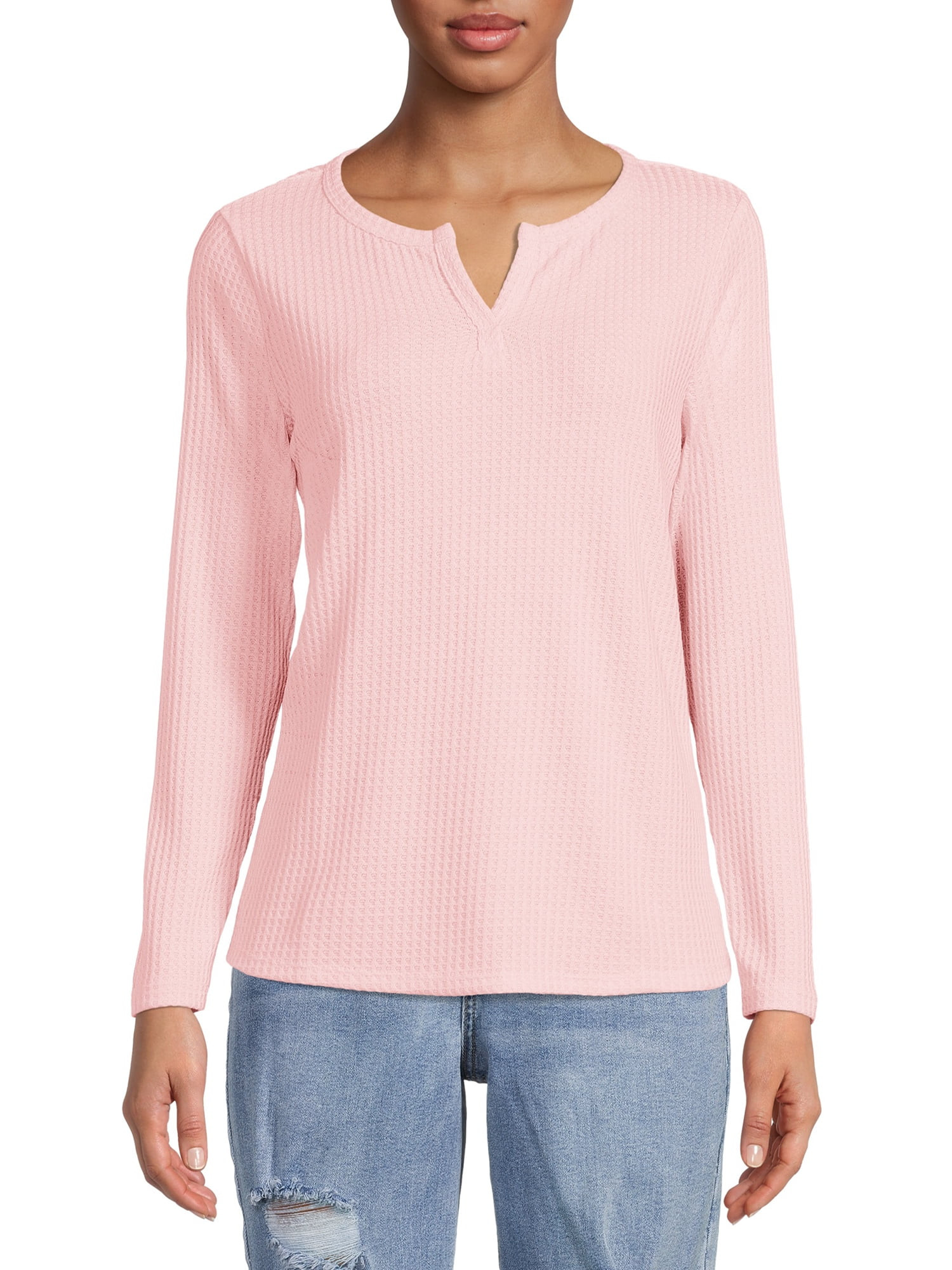 Nine.Eight Women's Waffle Knit Henley with Long Sleeves - Walmart.com | Walmart (US)