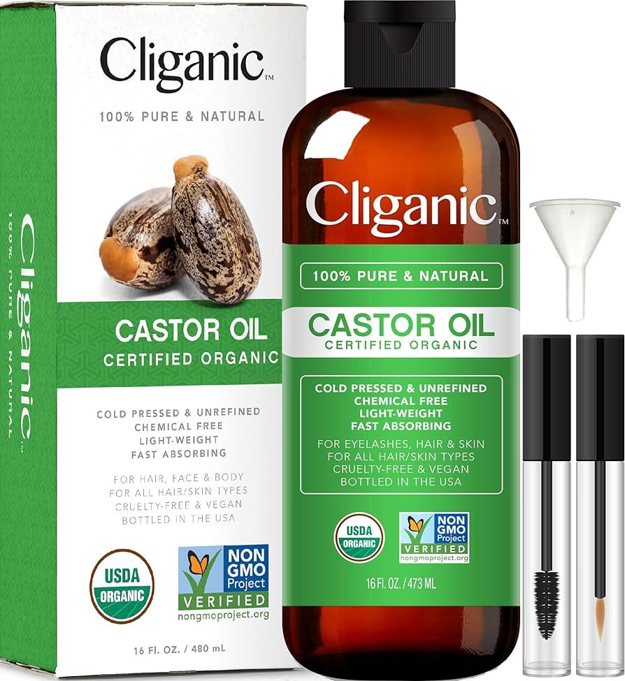 Cliganic USDA Organic Castor Oil, 100% Pure (16oz with Eyelash Kit) - For Eyelashes, Eyebrows, Ha... | Amazon (US)