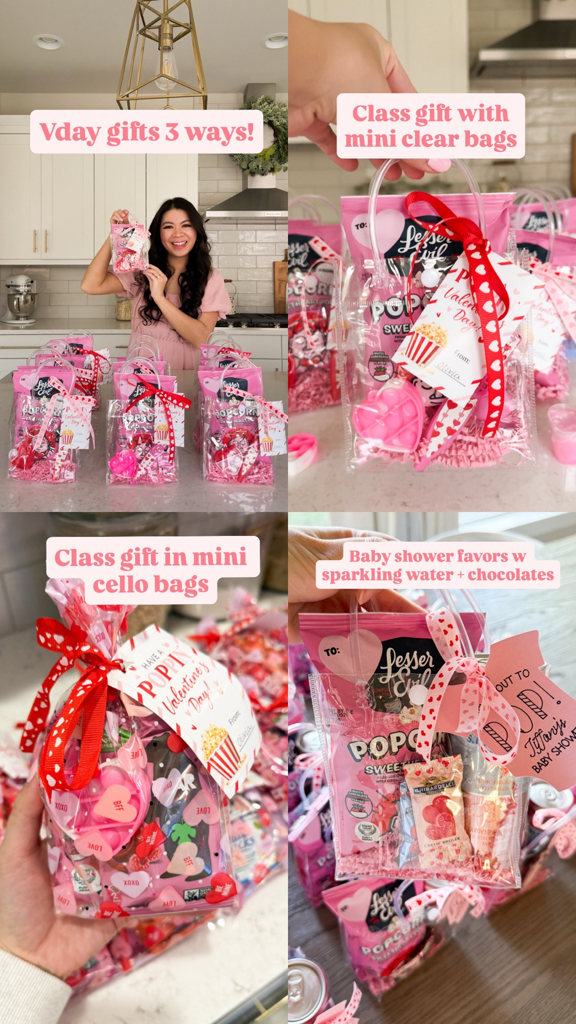 Valentine’s gifts 3 ways! 
1) Class gift with mini clear bags
2) Class gift in mini cello bags 
3)Baby shower favors with sparkling water + chocolates! 

Clear bags, ribbons, valentine’s day gift tags, popcorn, party favors, plastic kazoos, pop its, fidget toys, shredded paper for gift 

#LTKValentine #LTKHome #LTKKids