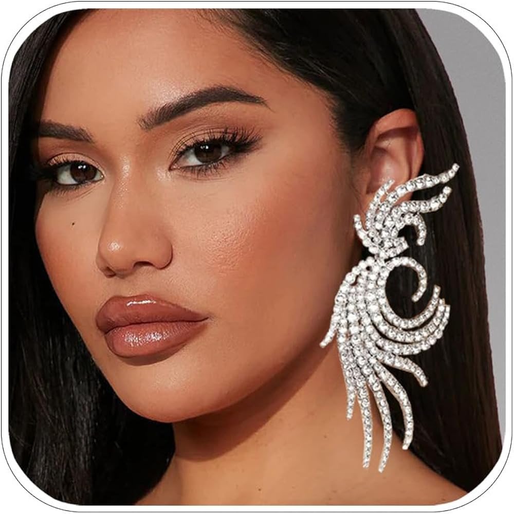 Silver Rhinestone Clip On Earrings For Women Oversized Crystal Statement Dressy Earrings Large Ea... | Amazon (US)